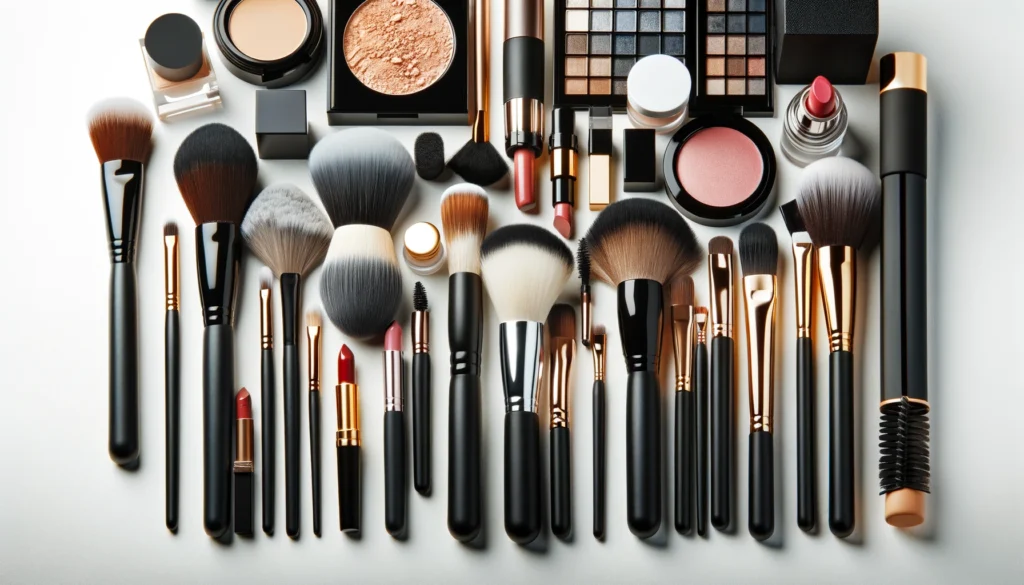 A set of clean makeup brushes and products on a white background