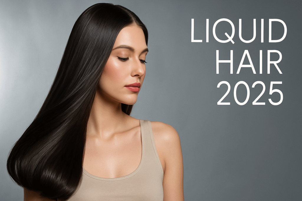 Woman with ultra-glossy, straight “liquid hair” under soft studio lights, space for headline text.