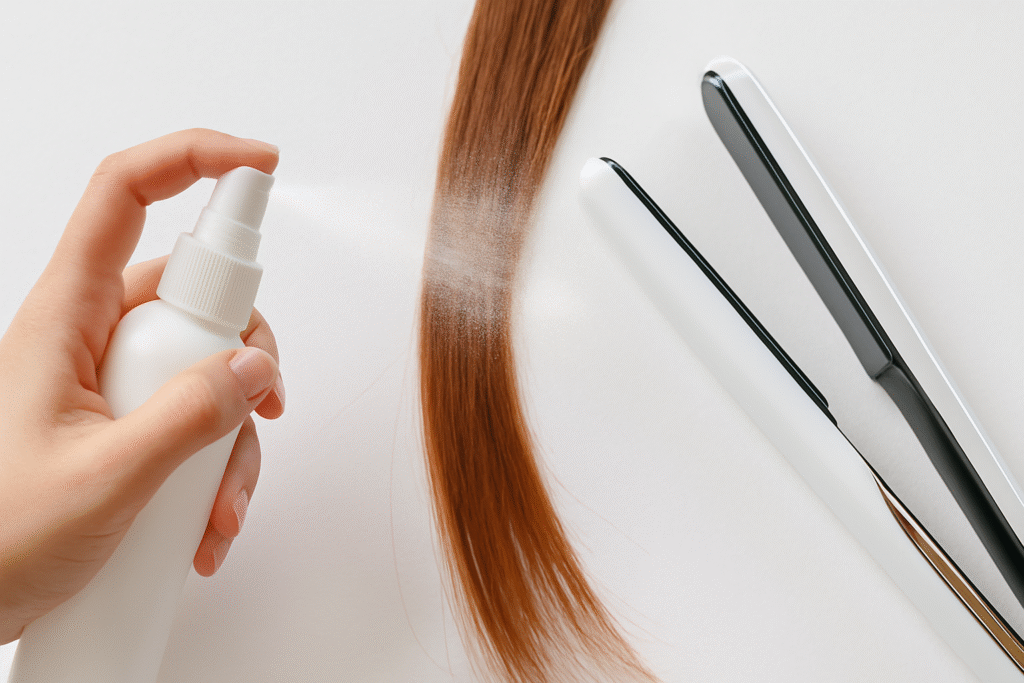 Hand spraying heat protectant onto hair before straightening.