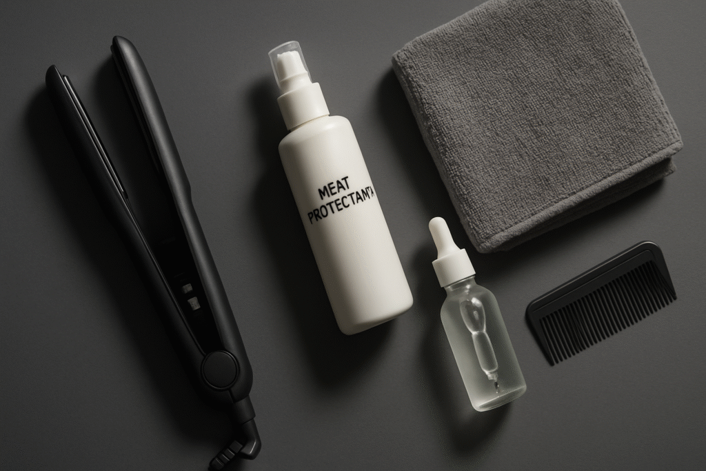 Flat-lay of straightening tools and serums for liquid hair routine.