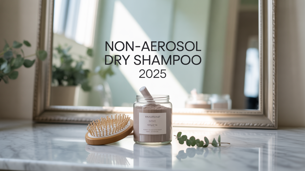 Non-aerosol dry shampoo powder jar and  brush on marble vanity with headline text.