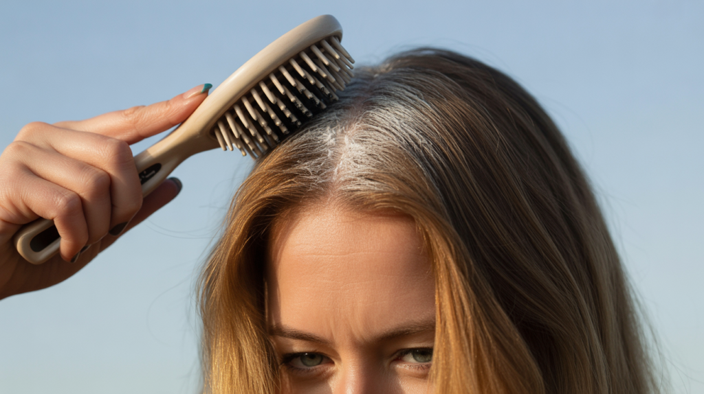 Woman applying non-aerosol dry shampoo powder to straight hair roots with a brush.