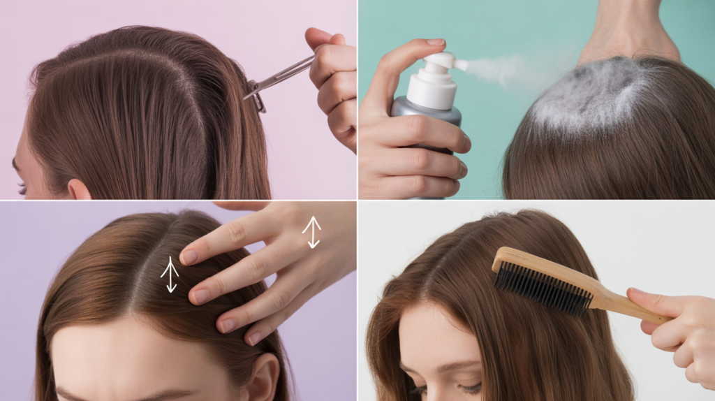 Infographic collage of non-aerosol dry shampoo routine steps for straight hair.