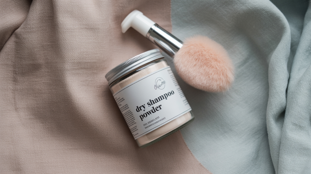Flat lay of non-aerosol dry shampoo powder, pump, and brush on neutral linen background.
