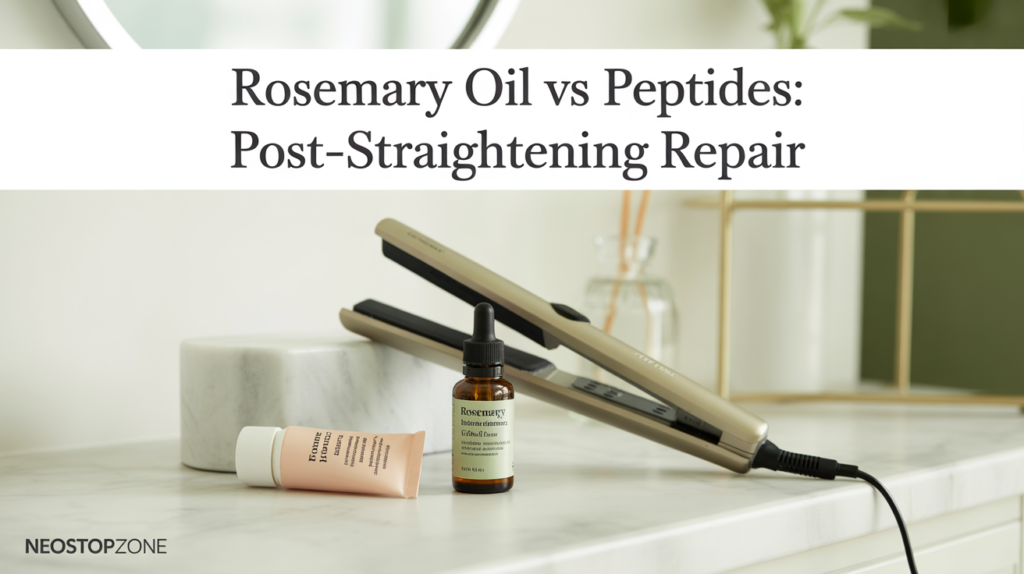 Flat iron with rosemary oil dropper and peptide serum on a white vanity, styled for hair-care blog header.