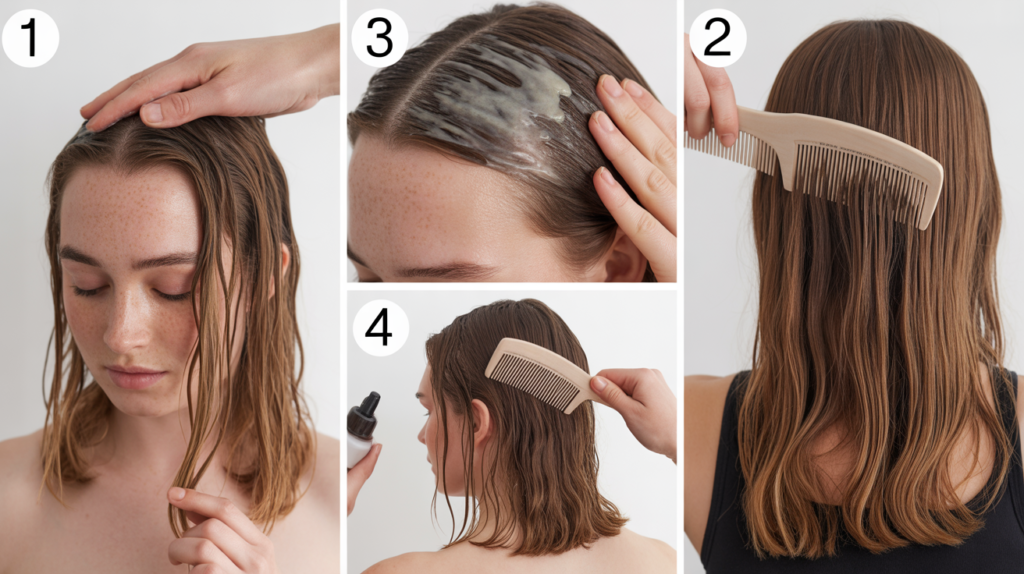 Step-by-step collage of rosemary oil and peptide hair repair routine.