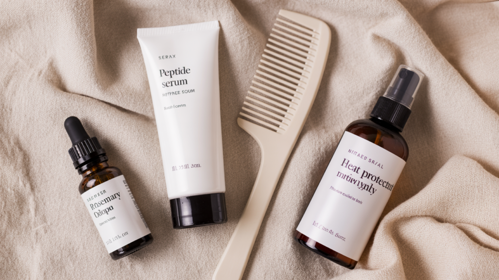 Flat-lay of rosemary oil, peptide serum, comb, and heat protectant spray arranged for hair-care blog.