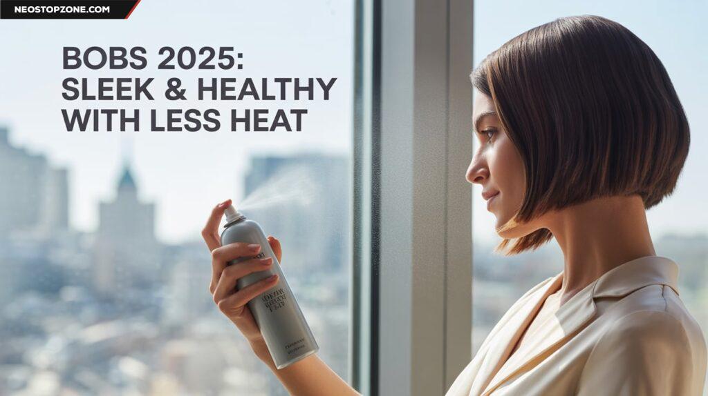 Woman with sleek bob applying heat protectant spray before styling, representing modern short-hair trend.