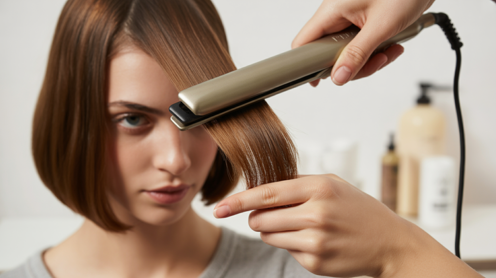 Close-up of sleek bob hair being straightened at low heat with a flat iron.