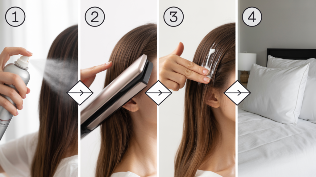 4-step routine collage for keeping bobs sleek and healthy with less heat.