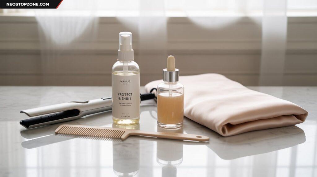 Flat-lay of bob-styling essentials: flat iron, protectant spray, comb, serum, and silk pillowcase.