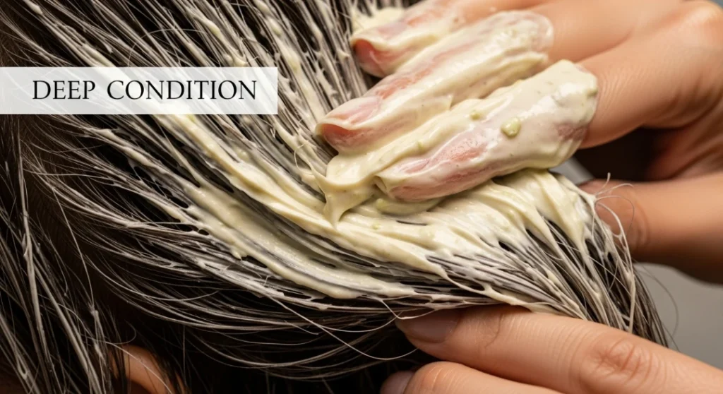 Healthy, shiny hair in winter with title overlay