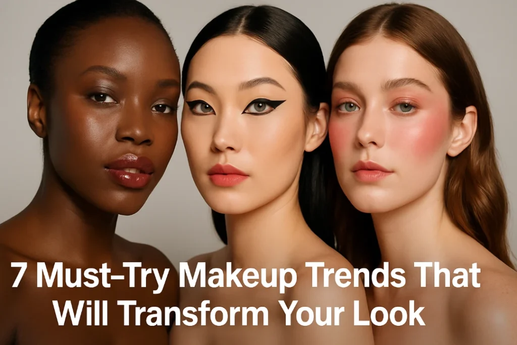 A diverse group of models wearing the latest transformative makeup trends.