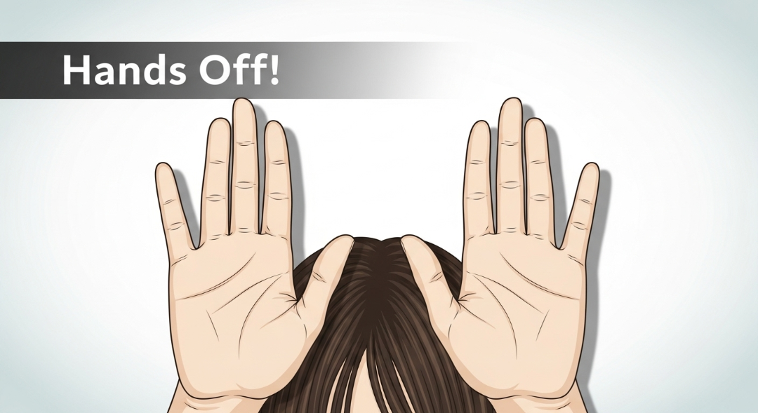 Hands deliberately held away from hair, emphasizing no-touching rule.