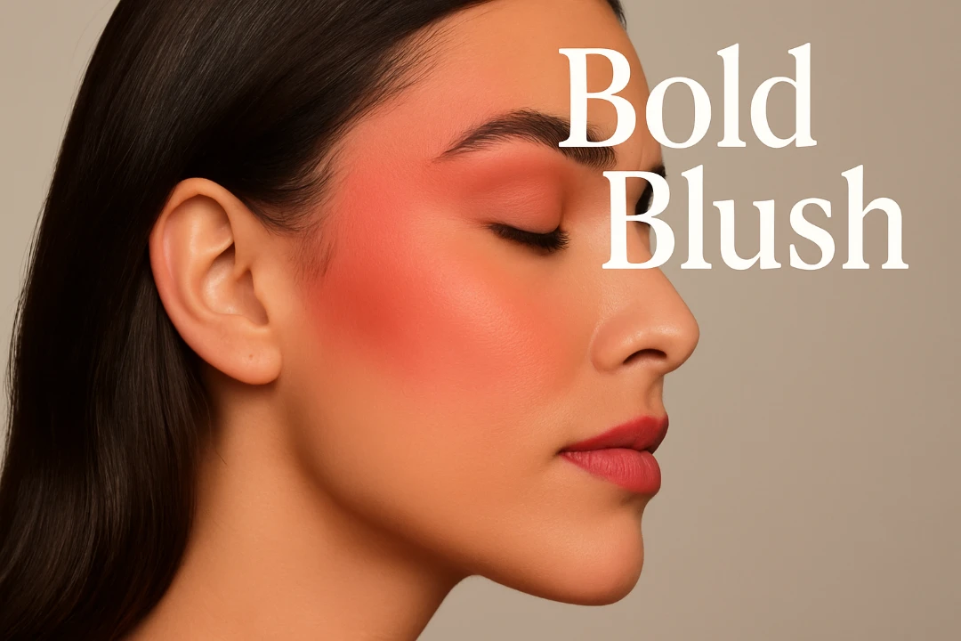 A model demonstrating the blush draping technique with bold color on her cheeks and temples.