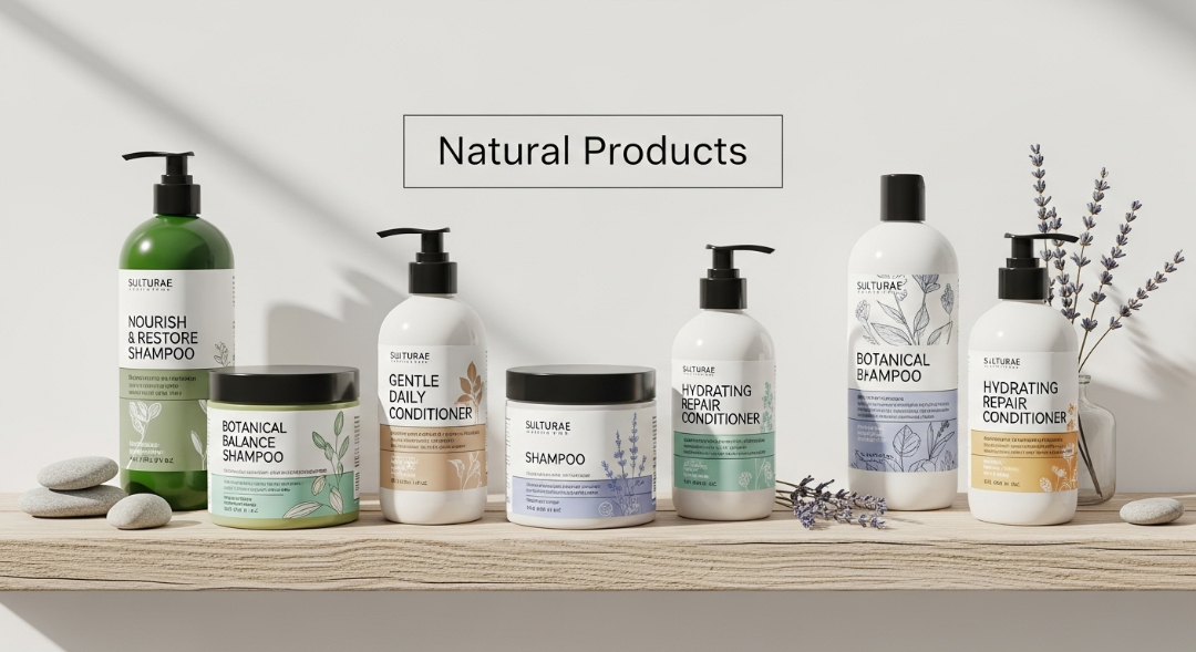 Natural, sulfate-free shampoos and lightweight conditioners on display.