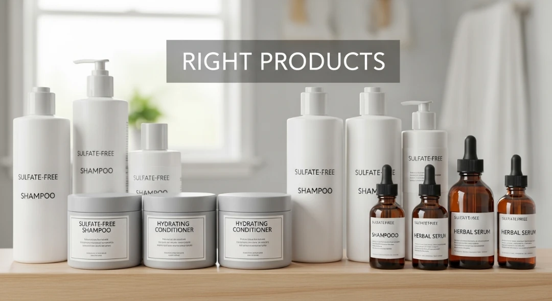 Shelf with gentle hair care products for healthy scalp.