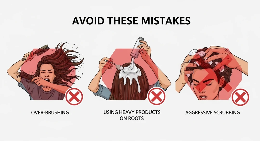 Graphics showing common mistakes like over-brushing, heavy products, and aggressive scrubbing, labeled 