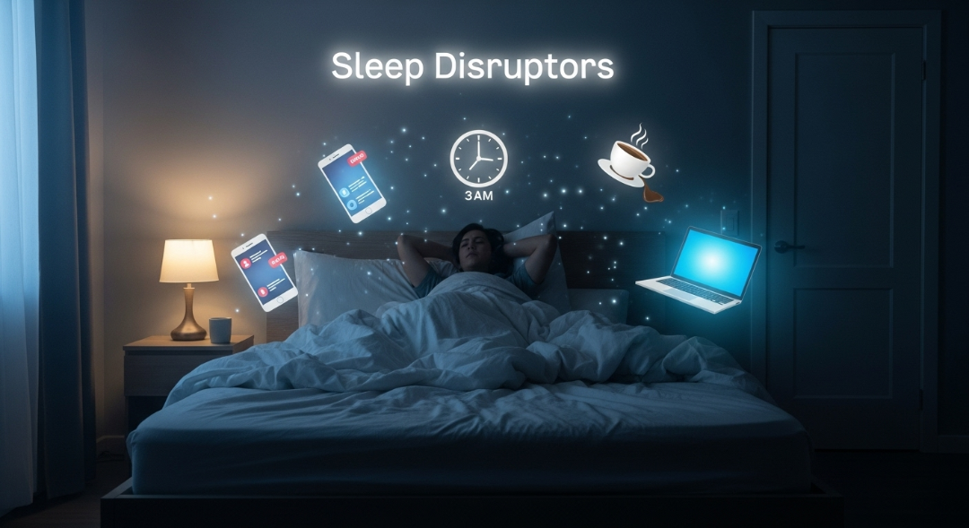 Person struggling with sleep disruptors