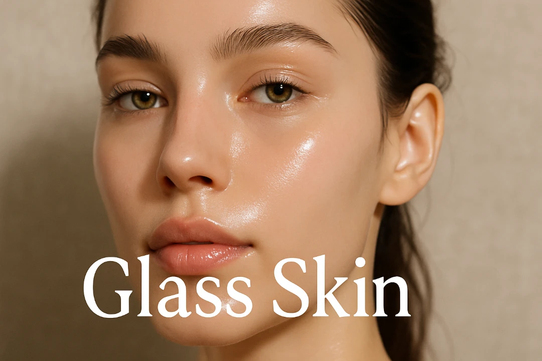 A model's face showcasing the dewy and luminous glass skin makeup trend.