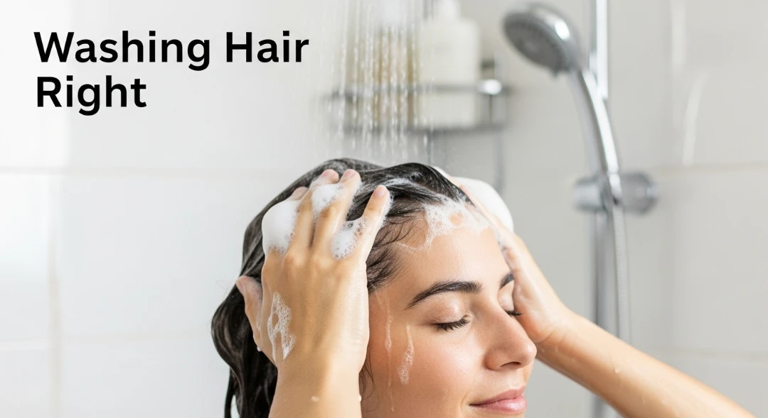 Person gently washing hair, focusing on scalp, labeled 