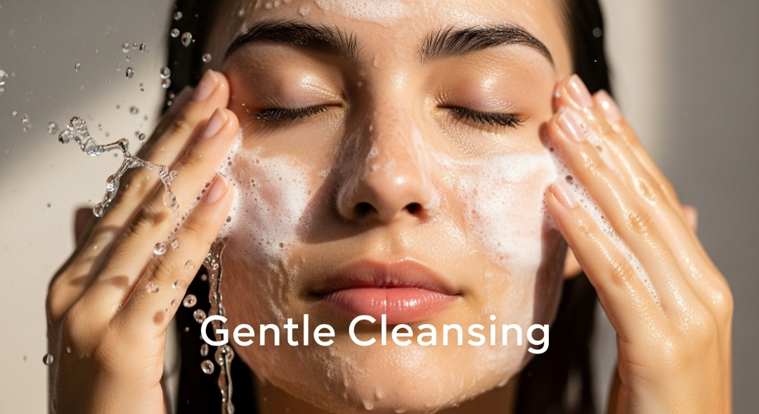 Person cleansing face with gentle cleanser