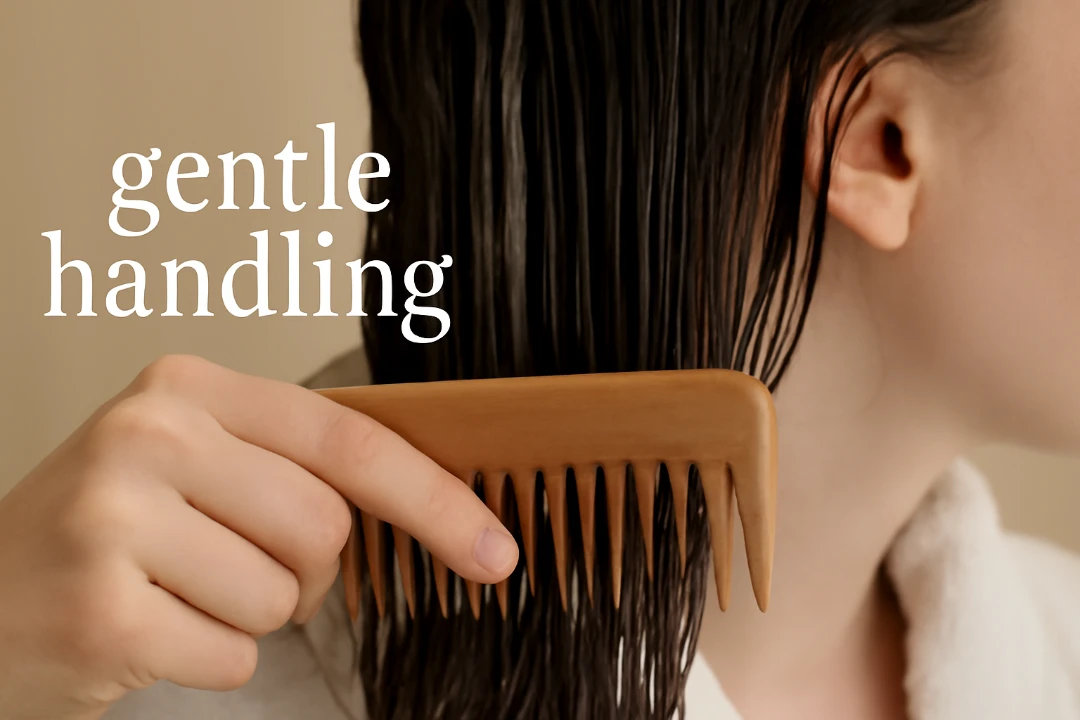 Person detangling wet hair with wide-tooth comb.
