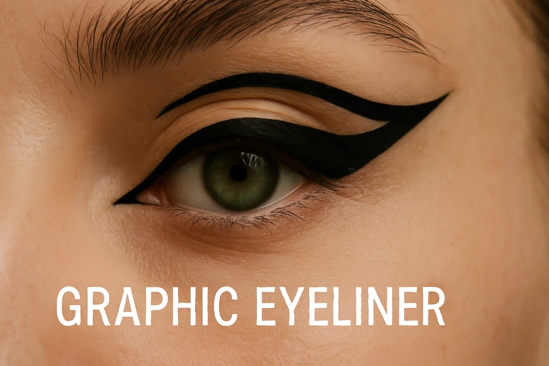 A close-up of an eye with a precise and artistic graphic eyeliner design.
