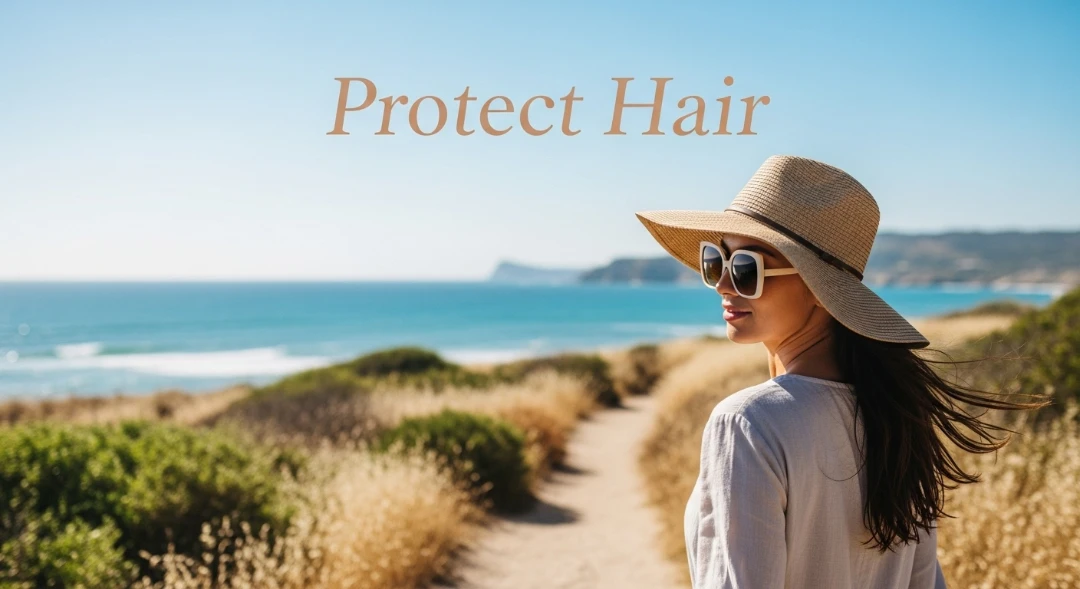 Woman protecting hair from sun exposure with a hat.