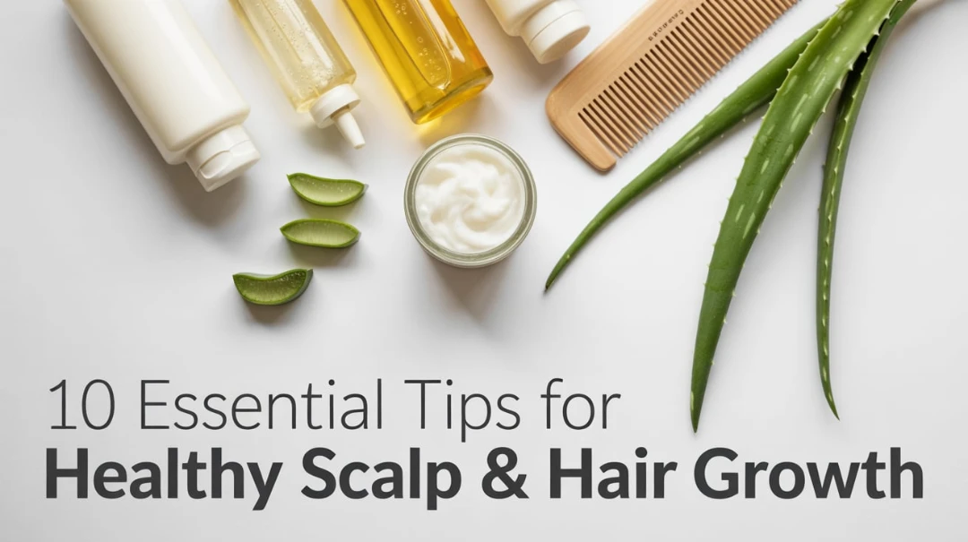 Flat lay of natural hair care essentials with title text overlay.
