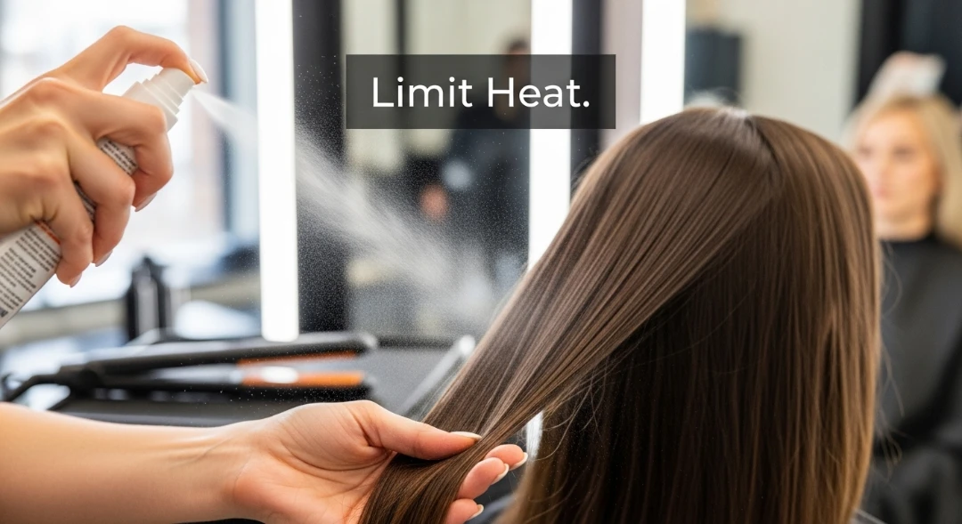 Applying heat-protectant spray before hair straightening.