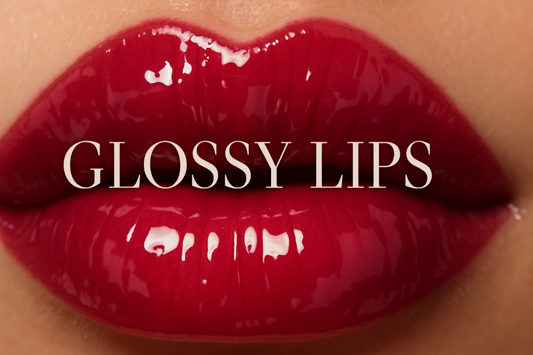 A close-up of plump, glossy lips with a high-shine, vinyl finish.