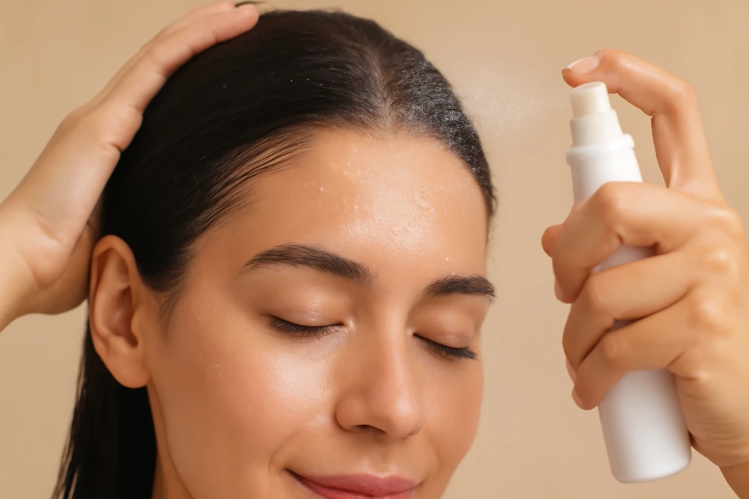 Woman moisturizing scalp with hydrating spray mist.