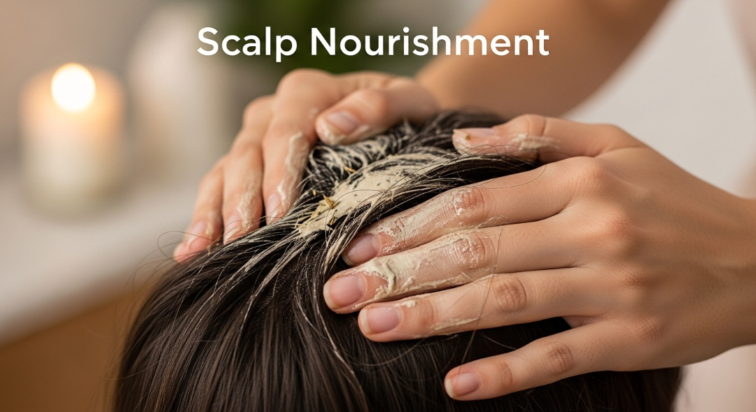 Hands gently applying a natural scalp treatment to hair roots.