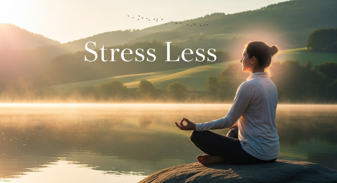 Person meditating in a calm, natural environment, symbolizing stress reduction.