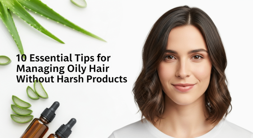 Person with healthy, non-oily hair, surrounded by natural ingredients.