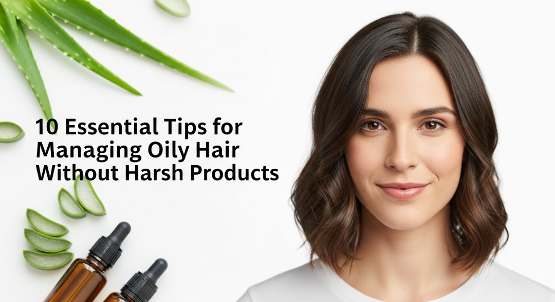 Person with healthy, non-oily hair, surrounded by natural ingredients.