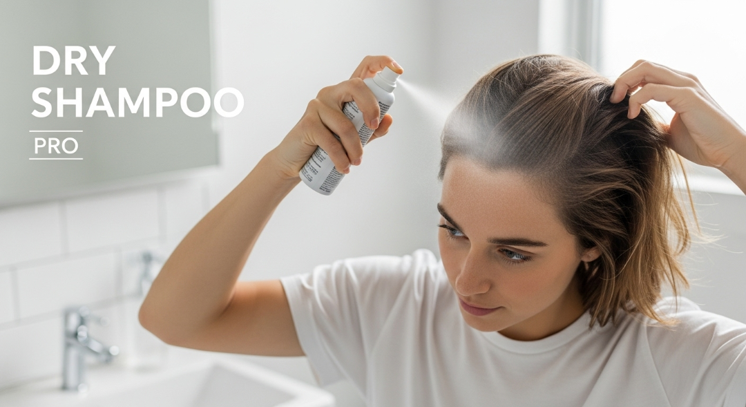 Person applying dry shampoo to hair roots for oil absorption.