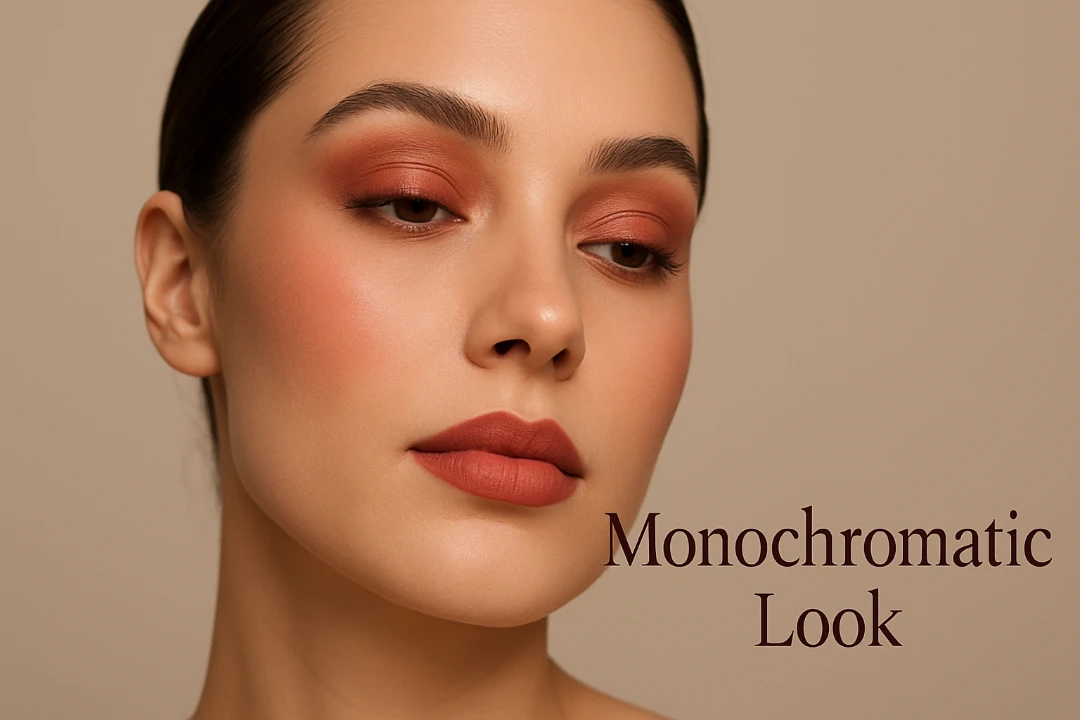 A model wearing a sophisticated monochromatic makeup look with matching tones on her eyes, cheeks, and lips.