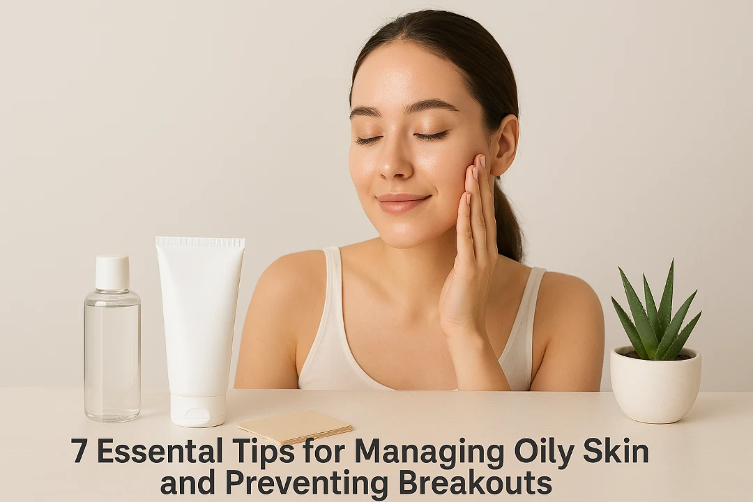 Person with clear glowing skin and skincare products for oily skin management