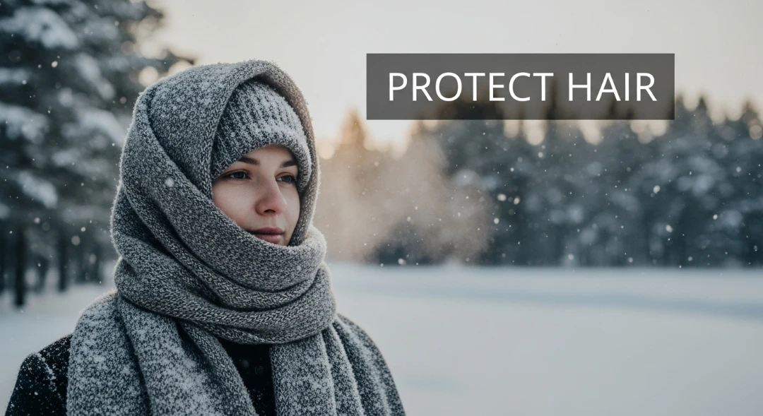Person protecting hair with hat in winter