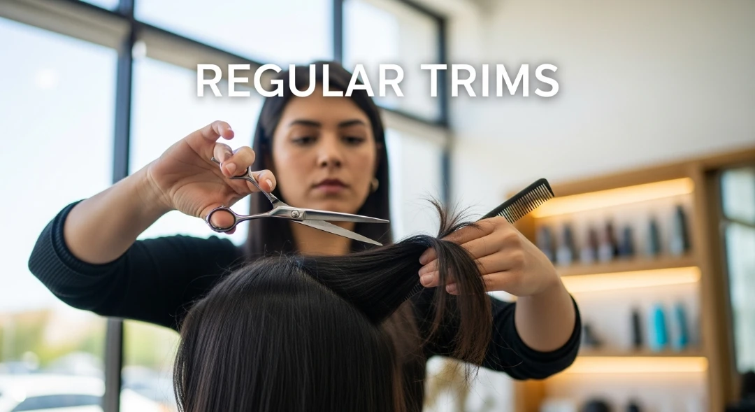Close-up of a stylist trimming split ends with scissors.