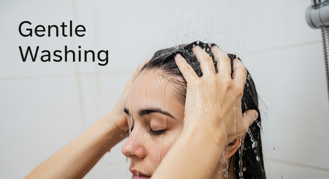 Person gently washing hair under a shower, focusing on scalp massage.