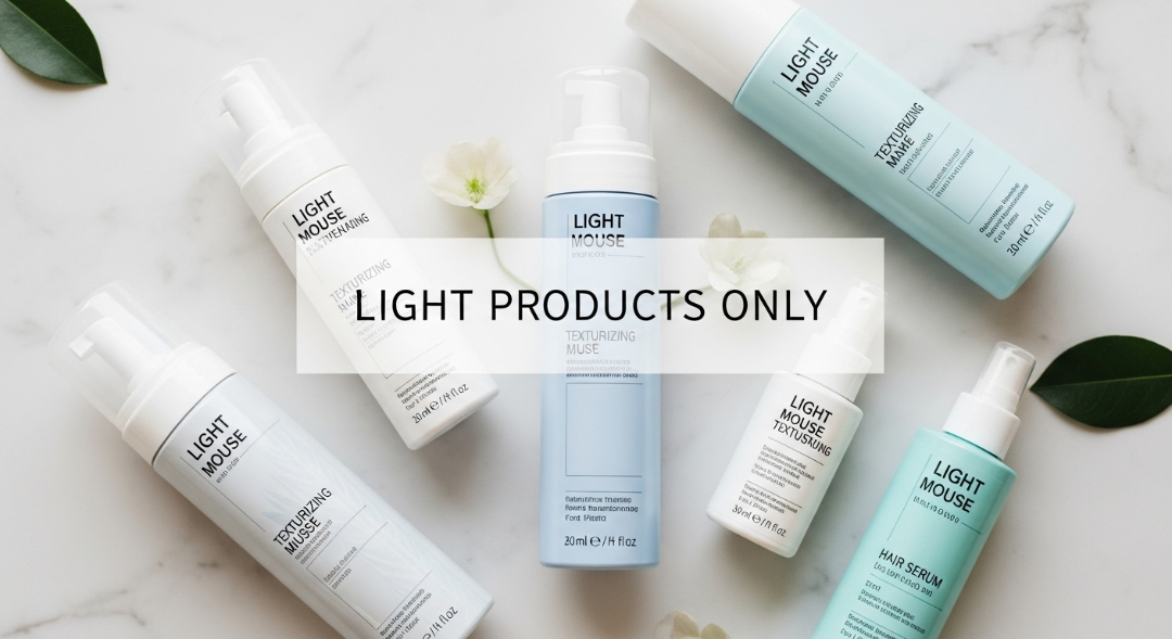 Lightweight, non-greasy hair styling products arranged neatly.