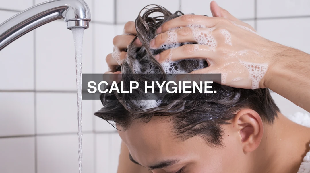 Close-up of a person washing scalp and hair under water.
