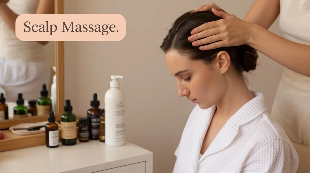 Woman massaging oil into her scalp with natural oils nearby.
