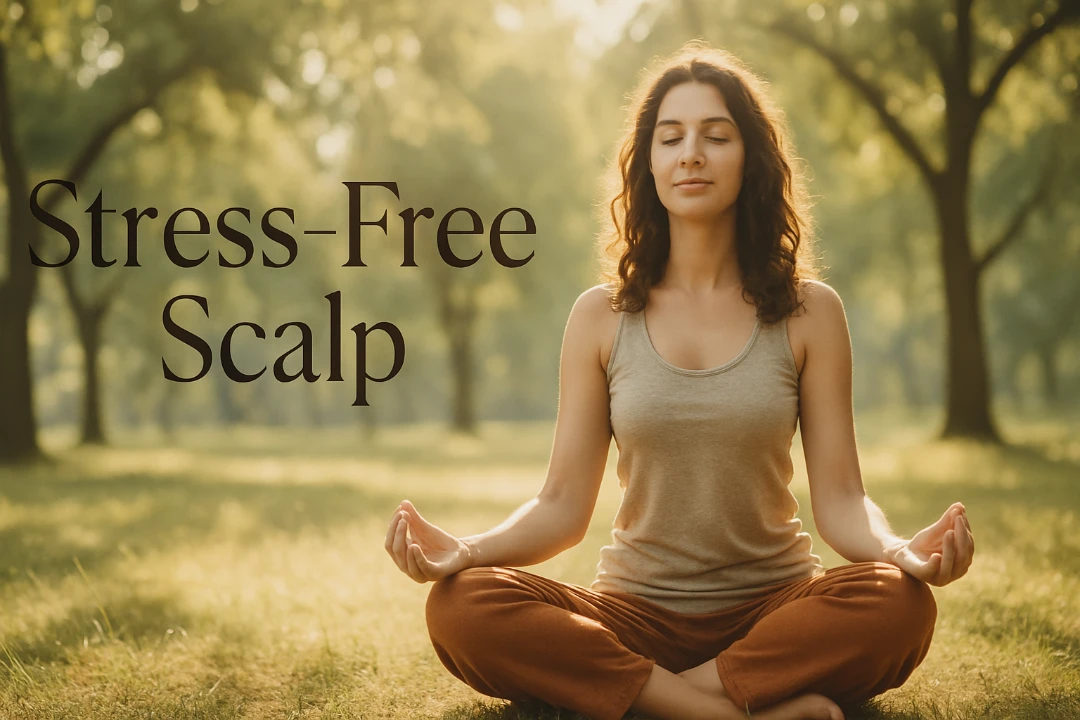 Woman meditating outdoors for stress relief and scalp health.