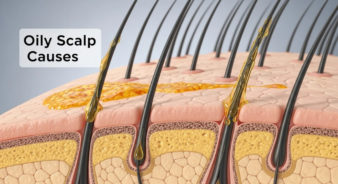 Diagram of sebaceous glands producing excess oil, labeled 