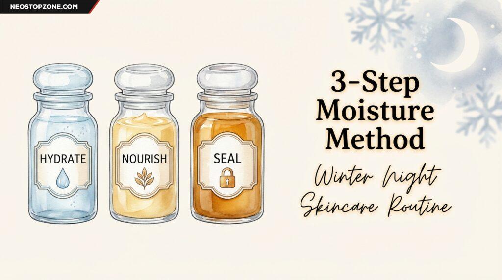 A peaceful night skincare setup featuring three hydrating products on a bedside table to represent the 3-Step Moisture Method for winter dryness.