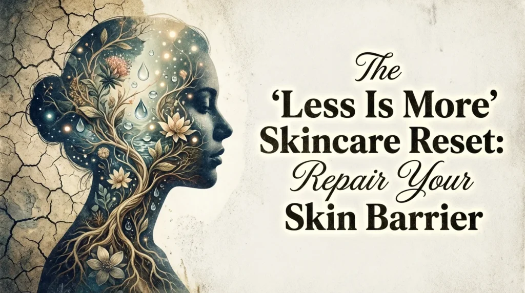 A minimalist selection of gentle skincare products on a clean surface symbolizing a simplified routine for skin barrier health.